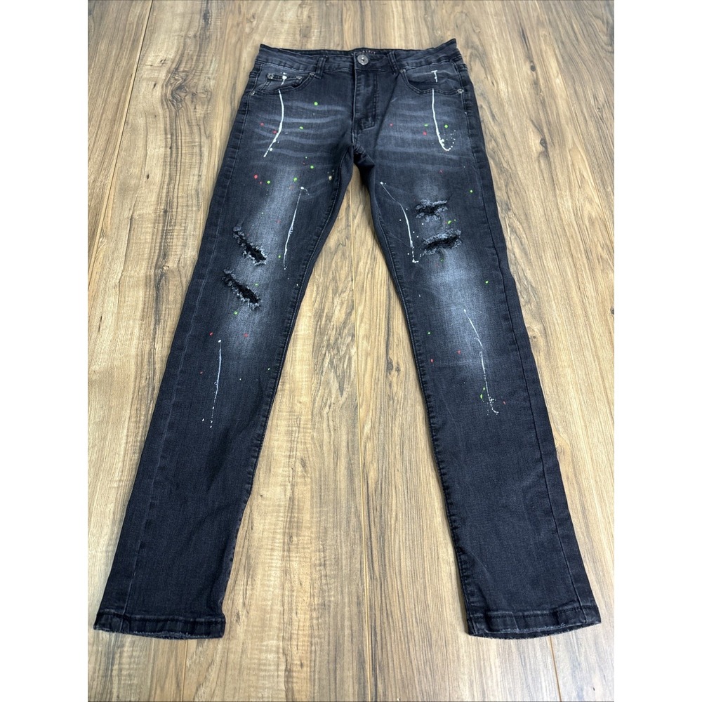 M. Society Mens‎ Skinny Jeans 32x30 Ripped Black Paint Spatter